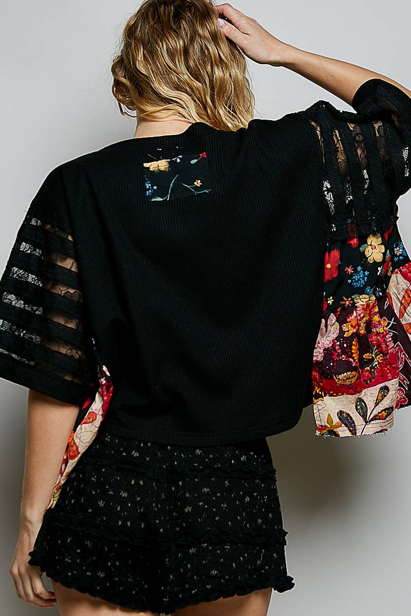 Boho Side Ruffle Detail Floral Embroidery Thermal Top: MINT / S