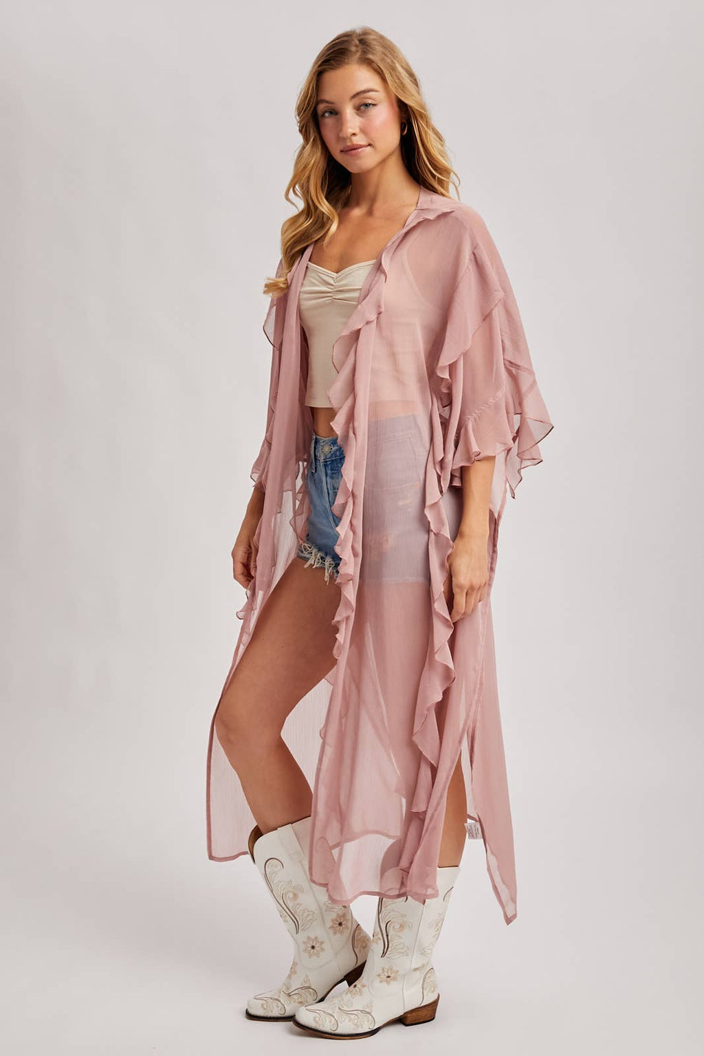 SHEER RUFFLED OPEN FRONT KIMONO COVER-UP DRESS - EASTER DAY: DUSTY PINK / One Size