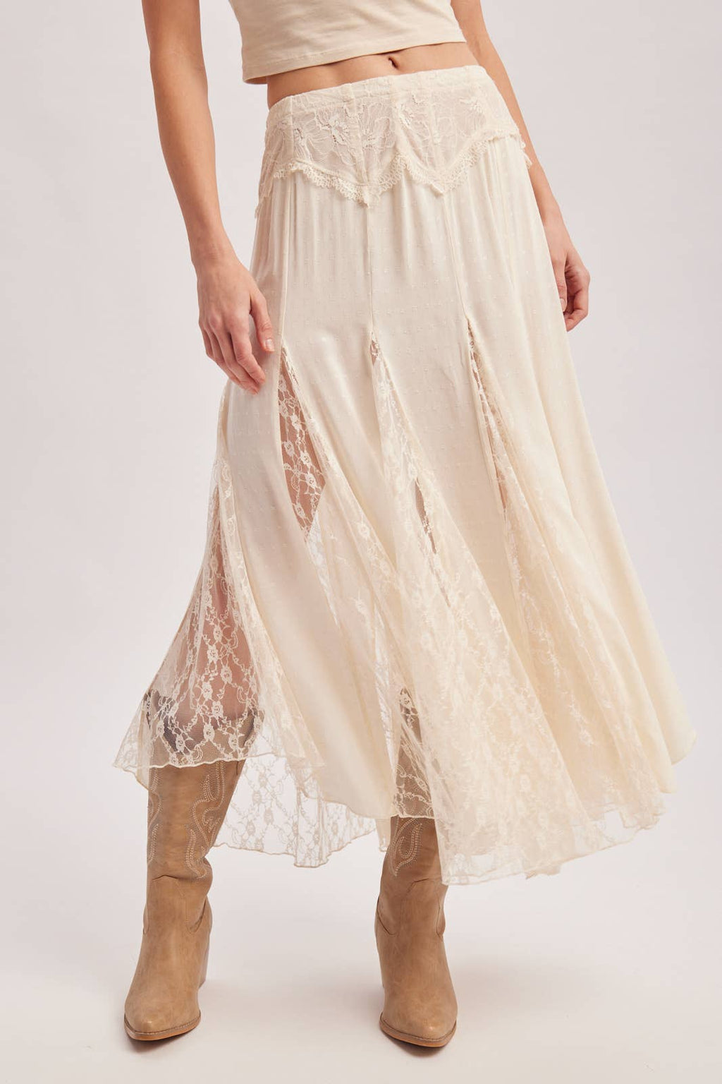BOHO FLOWY LACE MAXI SKIRT WITH NO LINING - EASTER DAY: ECRU / M