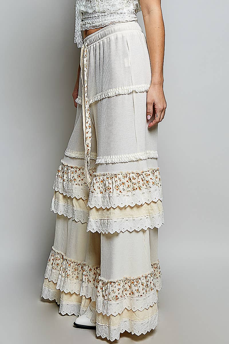 Floral Contrast Eyelet Ruffle Lace Trim Straight Knit Pants: BLUSH