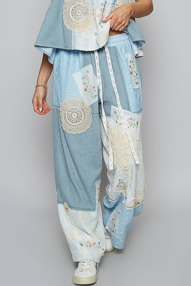 Solid Lace Patch Detail Woven Pants: SKY BLUE