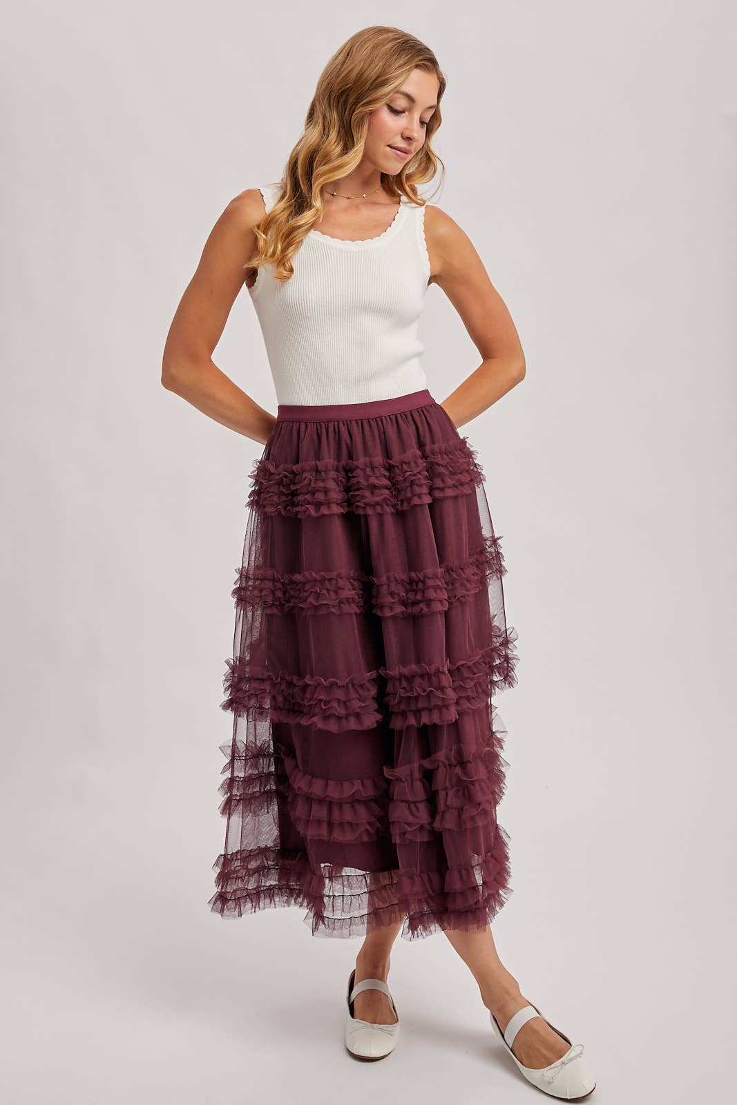 ROMANTIC RUFFLE TIERED TULLE MIDI SKIRT: PLUM / L