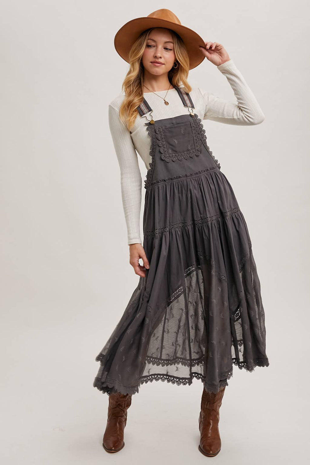 LACE EMBROIDERED TULLE BIB MAXI DRESS: ASH