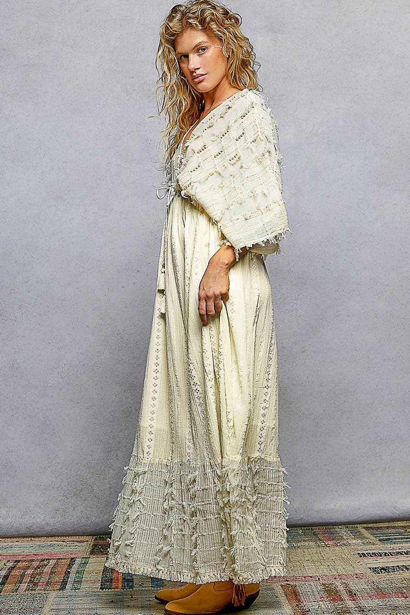 V-neck Metal Button Down Textured Linen Solid Maxi Dress: NATURAL / S