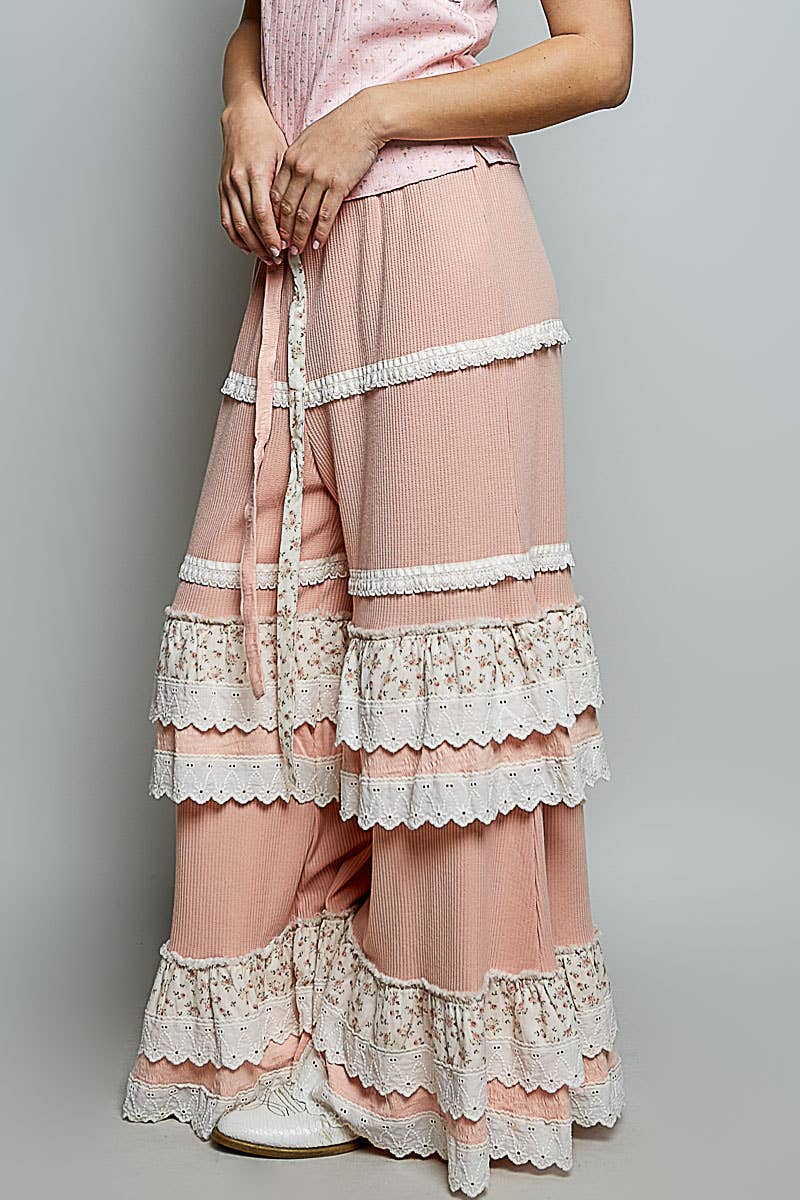 Floral Contrast Eyelet Ruffle Lace Trim Straight Knit Pants: BLUSH