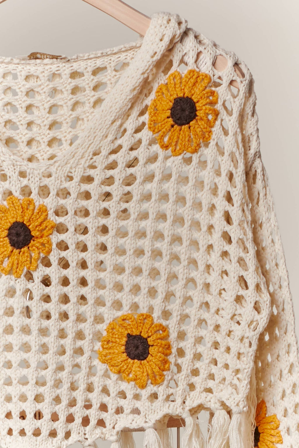 Sunflower Patched Crochet Sweater with Fringes: Cream