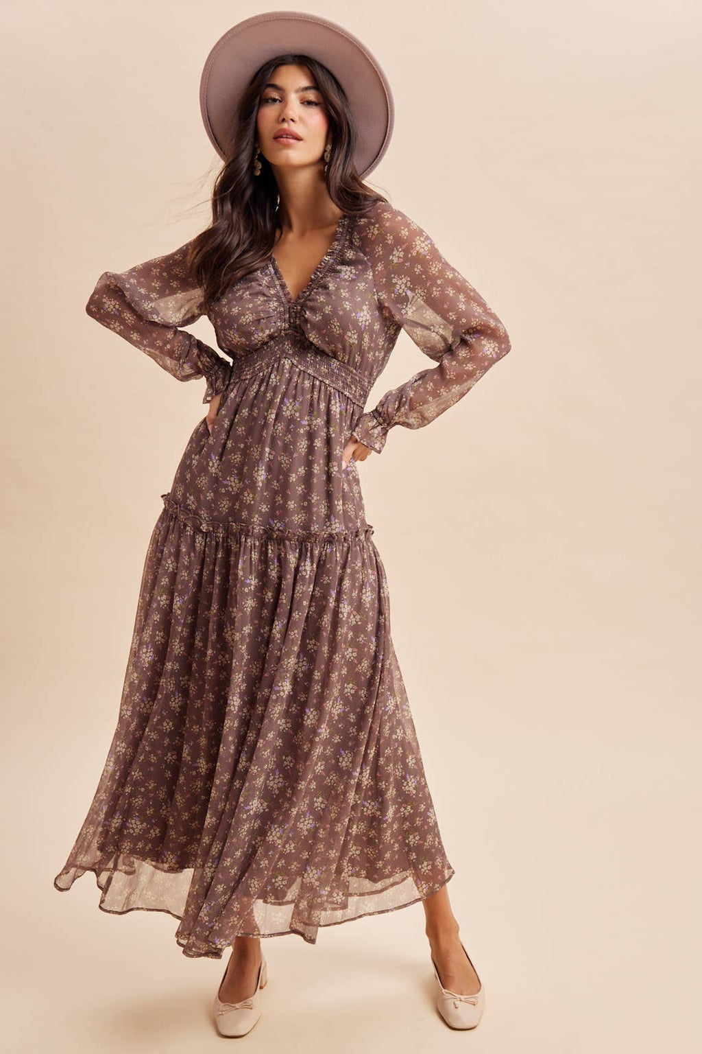SMOCKED FLORAL MAXI DRESS