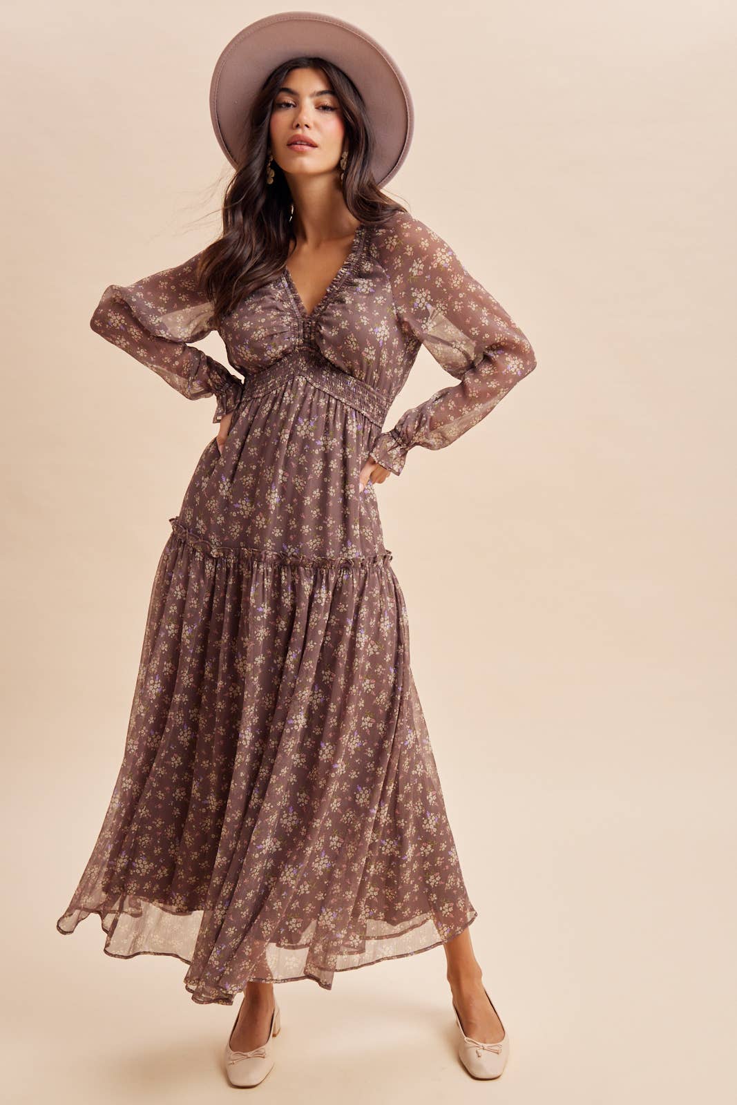 SMOCKED FLORAL MAXI DRESS