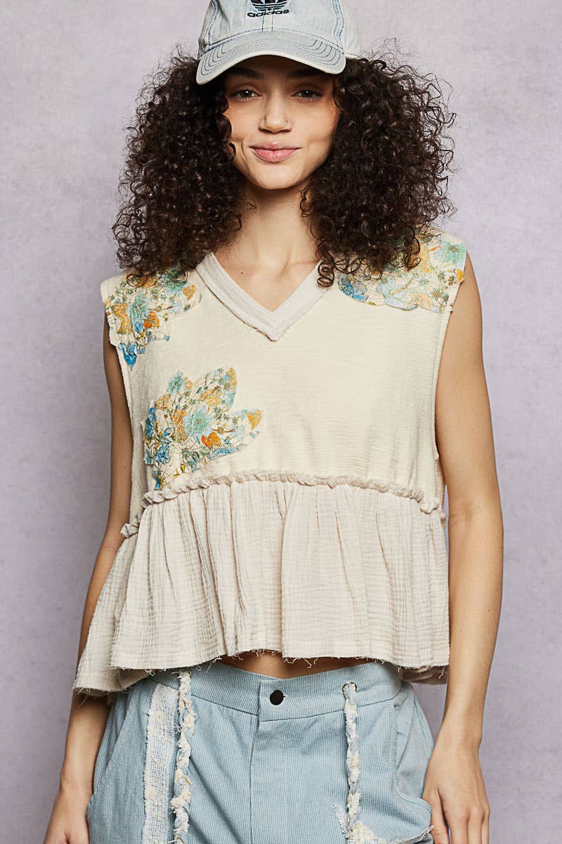 Boho Floral Patch V-Neck Sleeveless Top: NATURAL