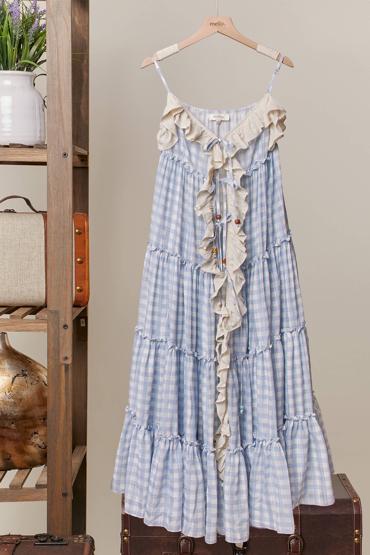 Checker Ruffle Dress Cardigan: Sky Blue / S