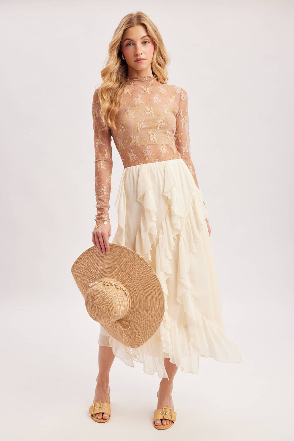 SEMI-SHEER CHIFFON RUFFLED TULLE MIDI SKIRT: ECRU