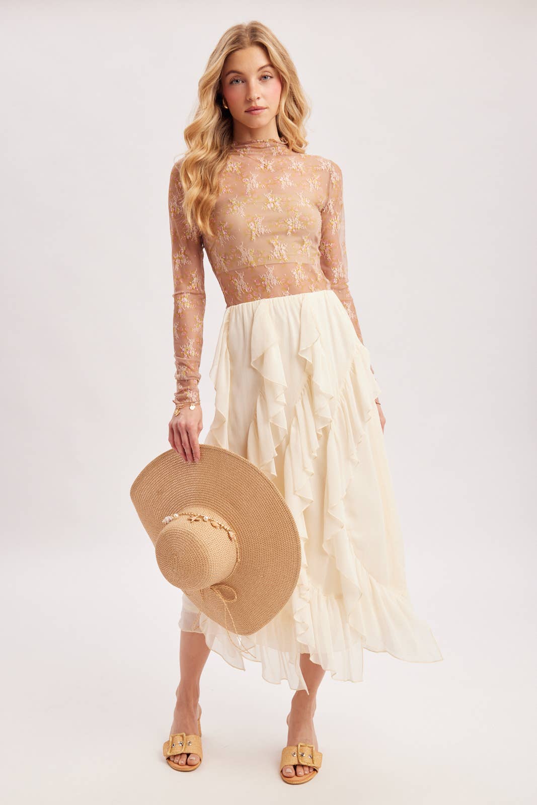 SEMI-SHEER CHIFFON RUFFLED TULLE MIDI SKIRT: ECRU