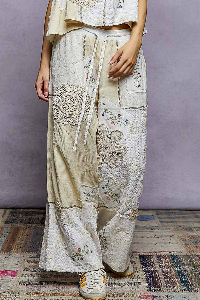 Solid Lace Patch Detail Woven Pants: SKY BLUE