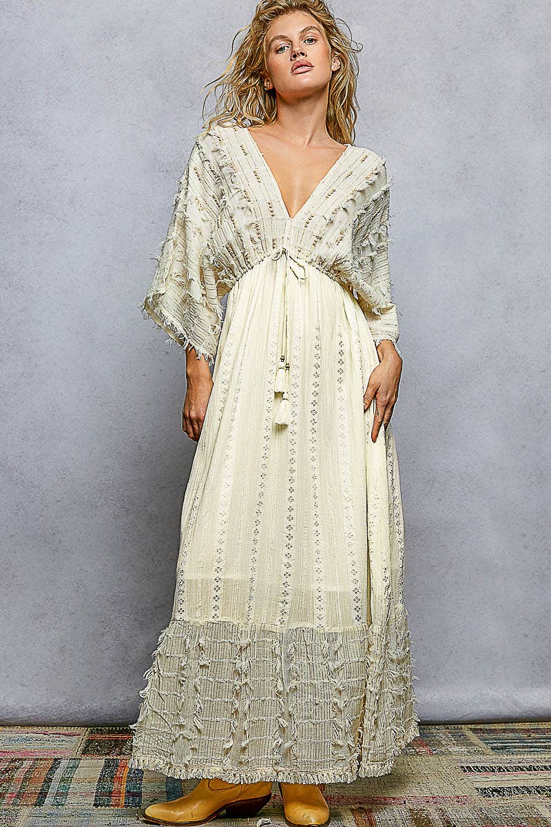 V-neck Metal Button Down Textured Linen Solid Maxi Dress: NATURAL / M