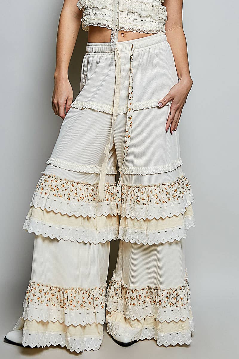 Floral Contrast Eyelet Ruffle Lace Trim Straight Knit Pants: BLUSH