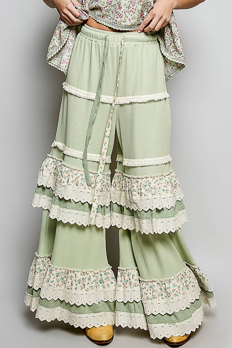 Floral Contrast Eyelet Ruffle Lace Trim Straight Knit Pants: BLUSH