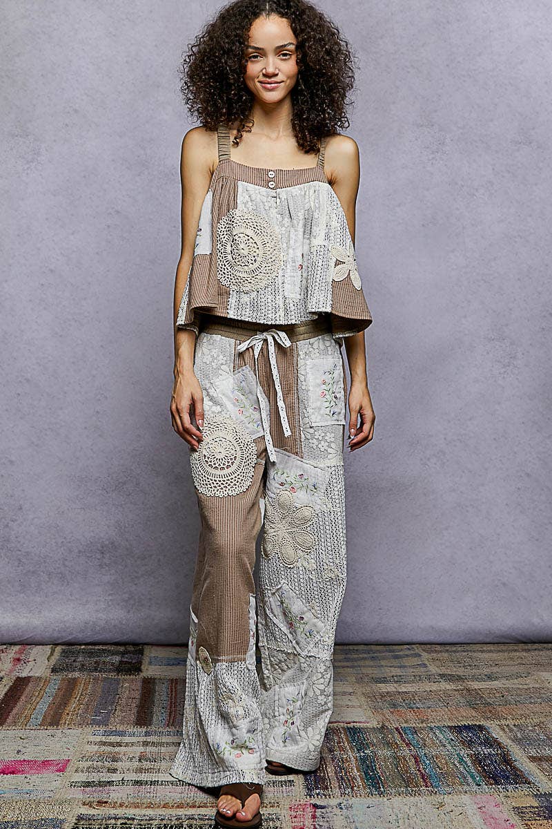 Solid Lace Patch Detail Woven Pants: CHOCO STRIPE
