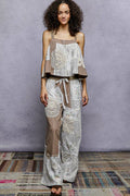 Solid Lace Patch Detail Woven Pants: CHOCO STRIPE