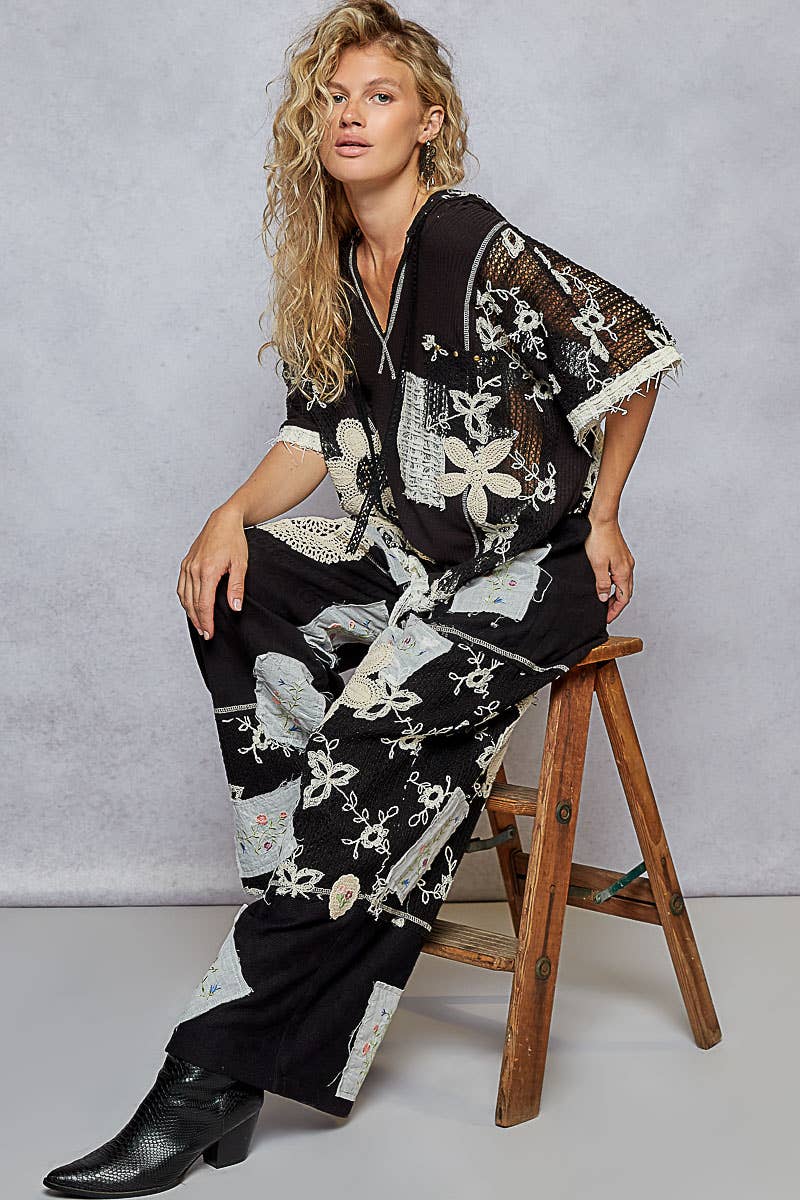 Solid Lace Patch Detail Woven Pants: CHOCO STRIPE
