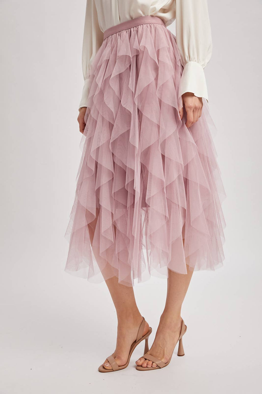 SPRIAL RUFFLED TULLE MIDI SKIRT - EASTER DAY: ROSE / L