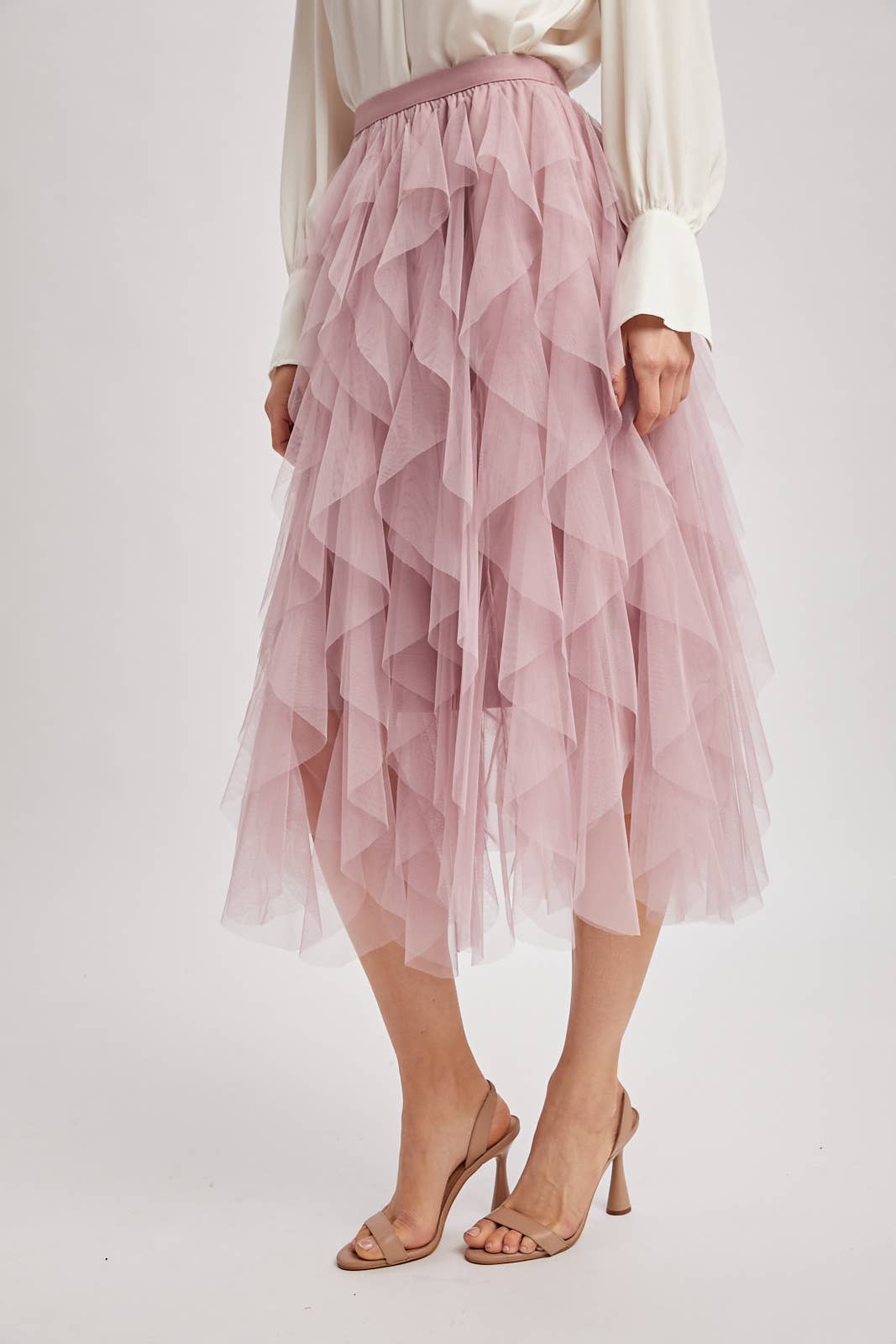 SPRIAL RUFFLED TULLE MIDI SKIRT - EASTER DAY: ROSE / L