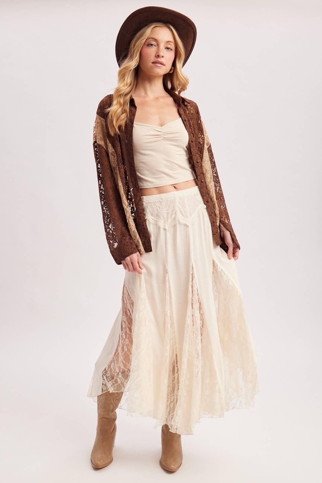 BOHO FLOWY LACE MAXI SKIRT WITH NO LINING - EASTER DAY: ECRU / M