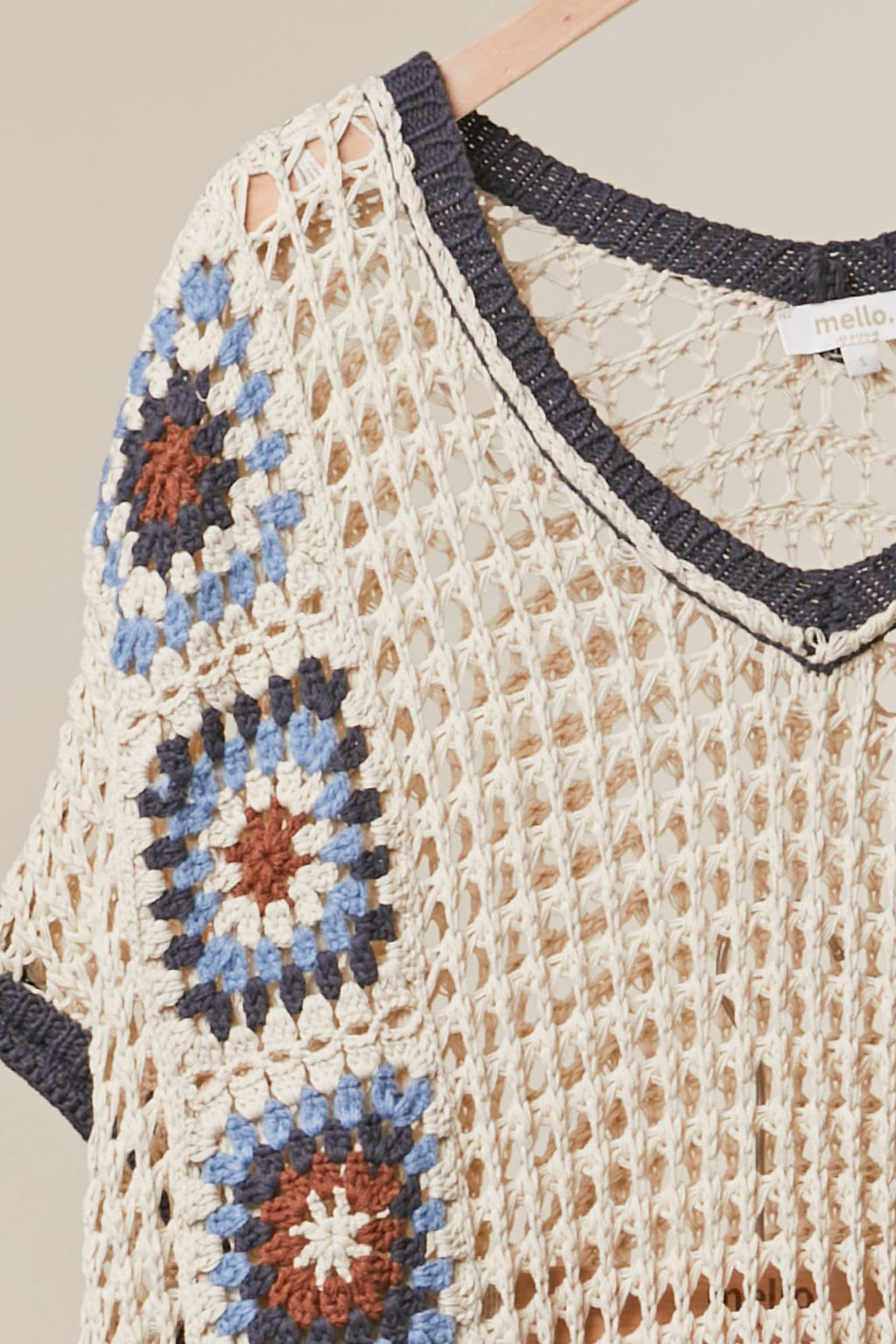 Boho Crochet Patchwork V Neck Short Sleeve Top: Navy