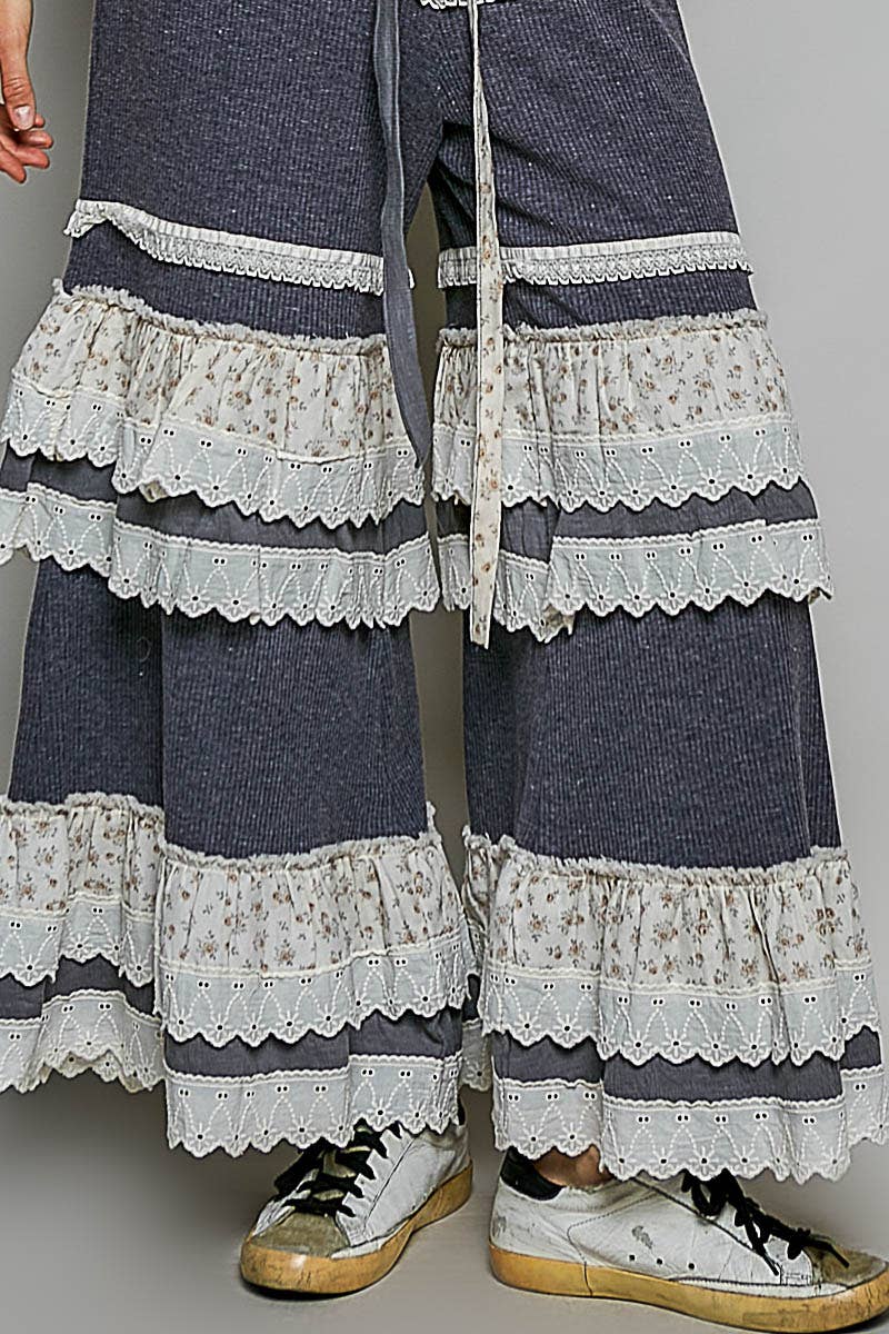 Floral Contrast Eyelet Ruffle Lace Trim Straight Knit Pants: BLUSH