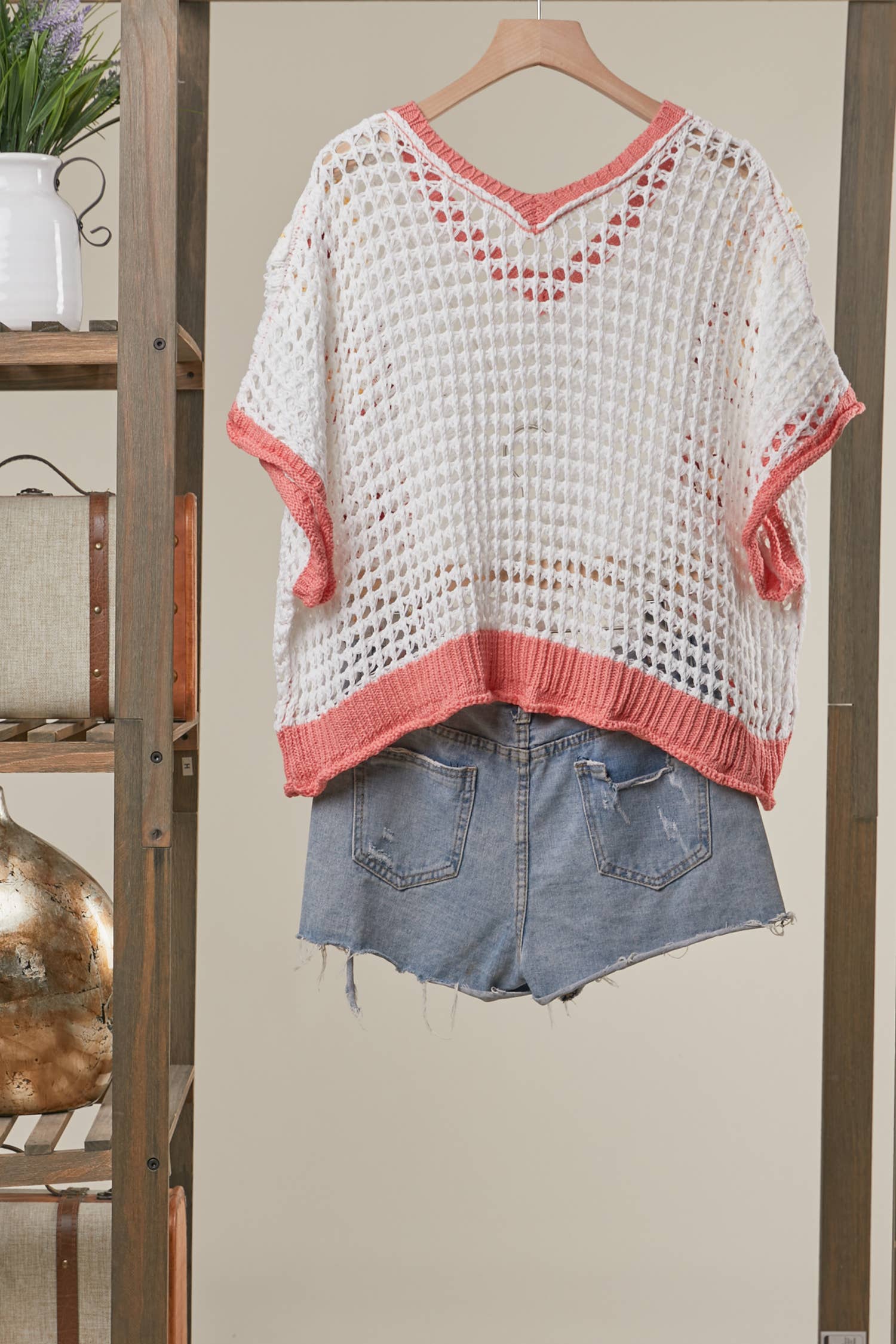 Boho Crochet Patchwork V Neck Short Sleeve Top: Navy