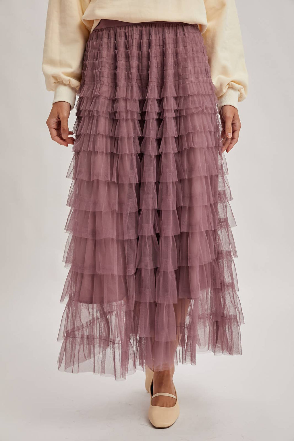 RUFFLED TULLE MIDI SKIRT: MAUVE / M