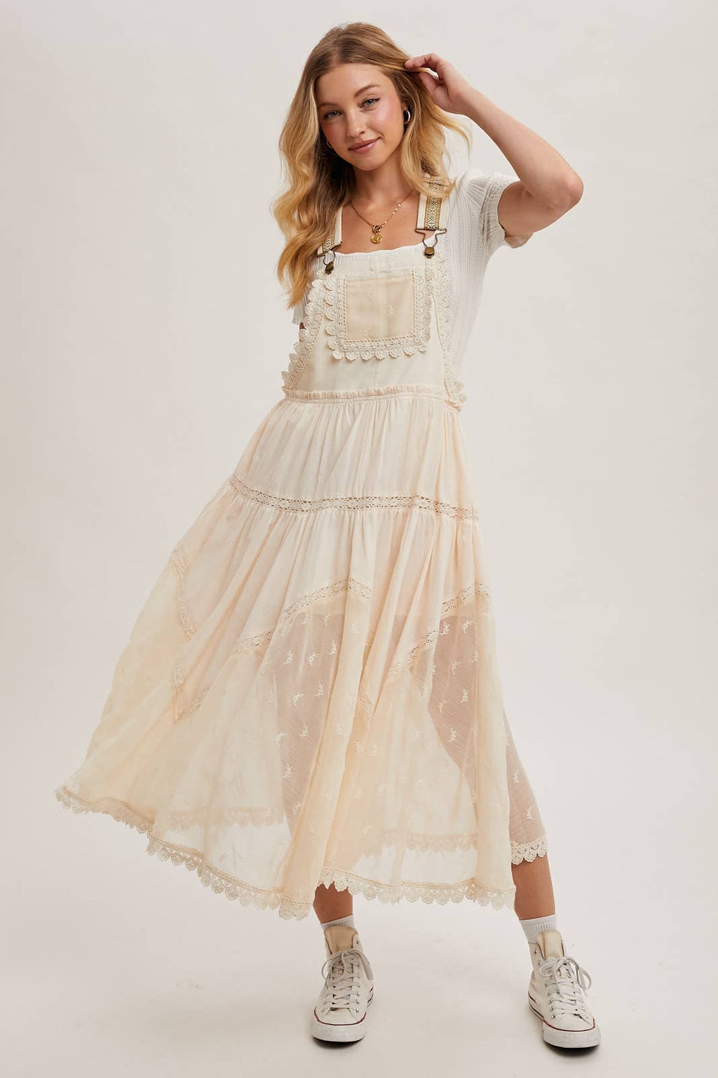 LACE EMBROIDERED TULLE BIB MAXI DRESS: ASH