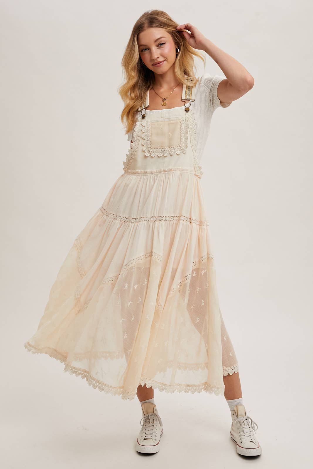 LACE EMBROIDERED TULLE BIB MAXI DRESS: ASH