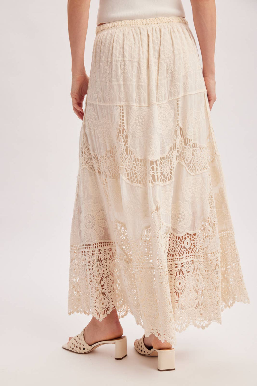 BOHO SHEER LACE MAXI SKIRT WITH LINING: NATURAL / M
