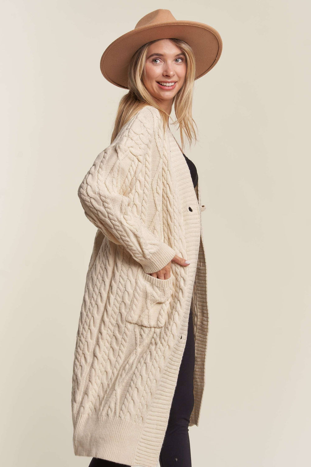LESW3450A - CABLE KNIT LONG SWEATER CARDIGAN: BEIGE / S/M-M/L(3-3)