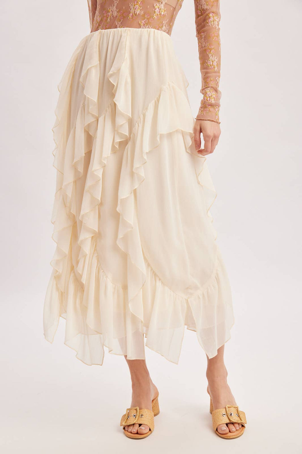 SEMI-SHEER CHIFFON RUFFLED TULLE MIDI SKIRT: ECRU
