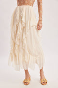 SEMI-SHEER CHIFFON RUFFLED TULLE MIDI SKIRT: ECRU