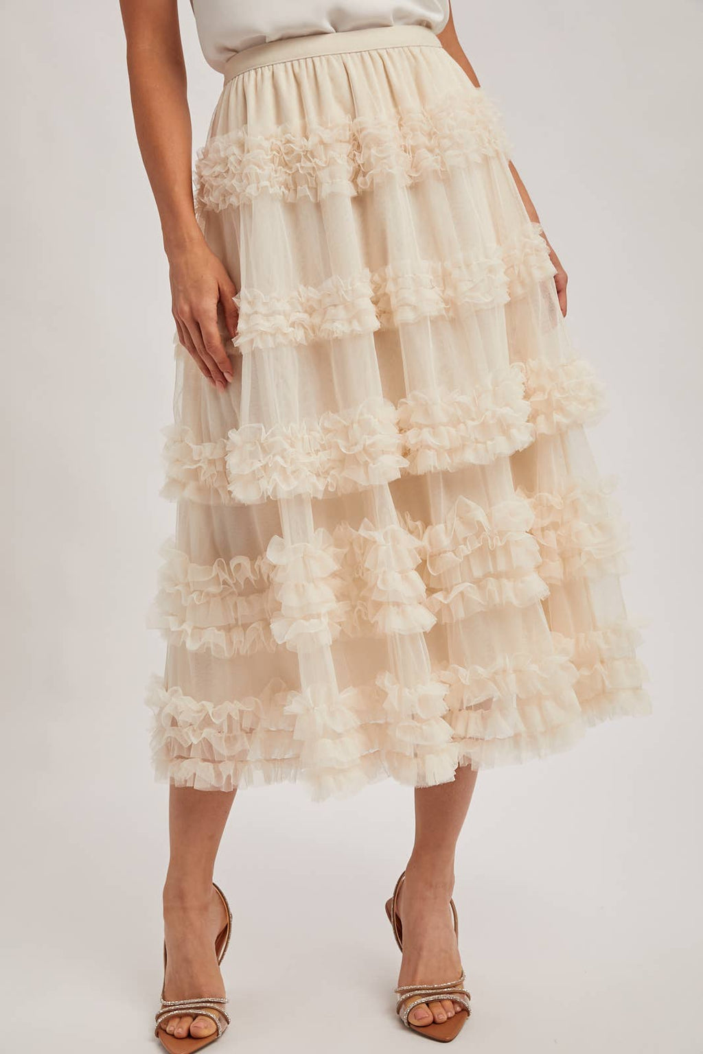 ROMANTIC RUFFLE TIERED TULLE MIDI SKIRT: PLUM / L