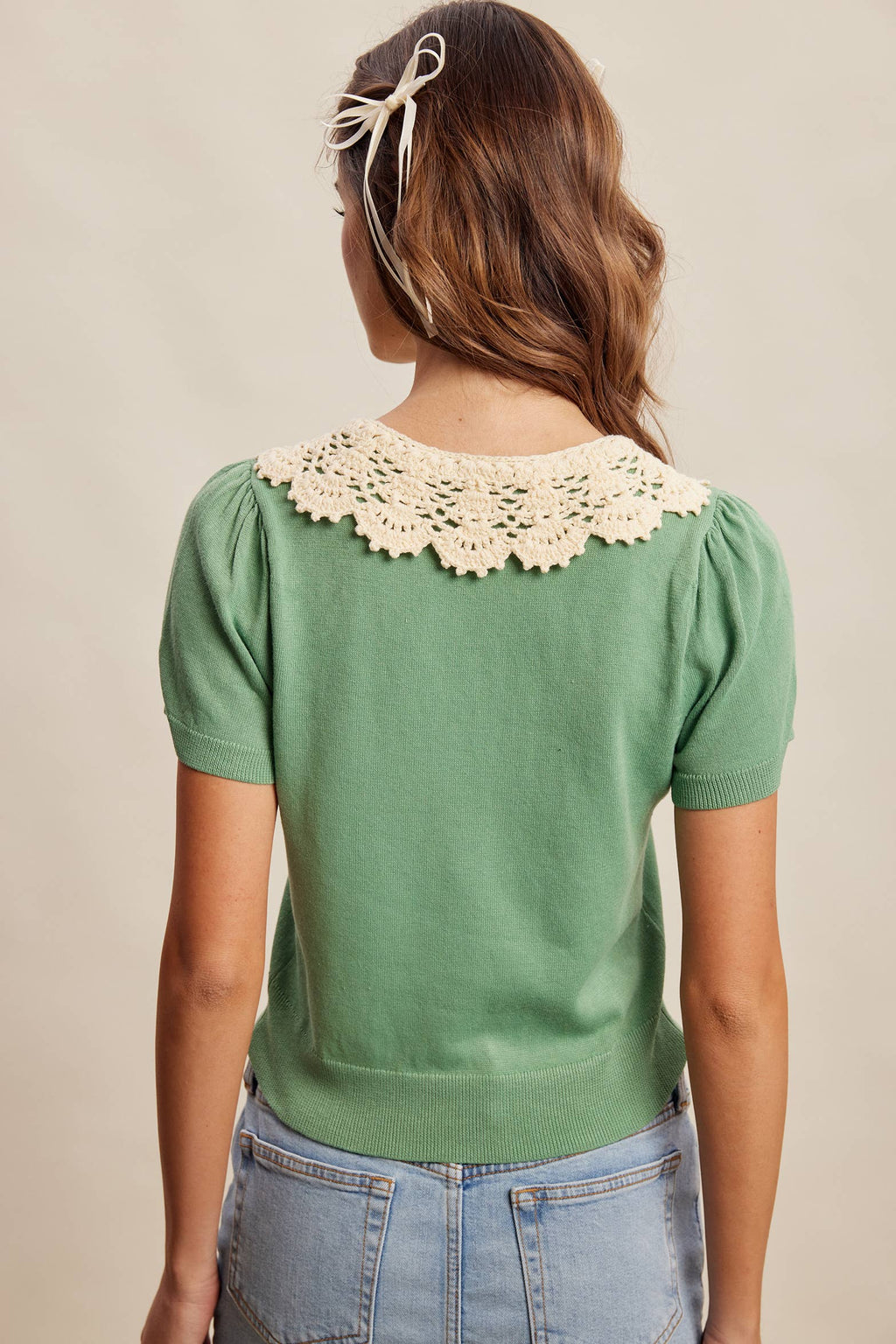Crochet Collar Short Sleeve Knit Top LSW1048
