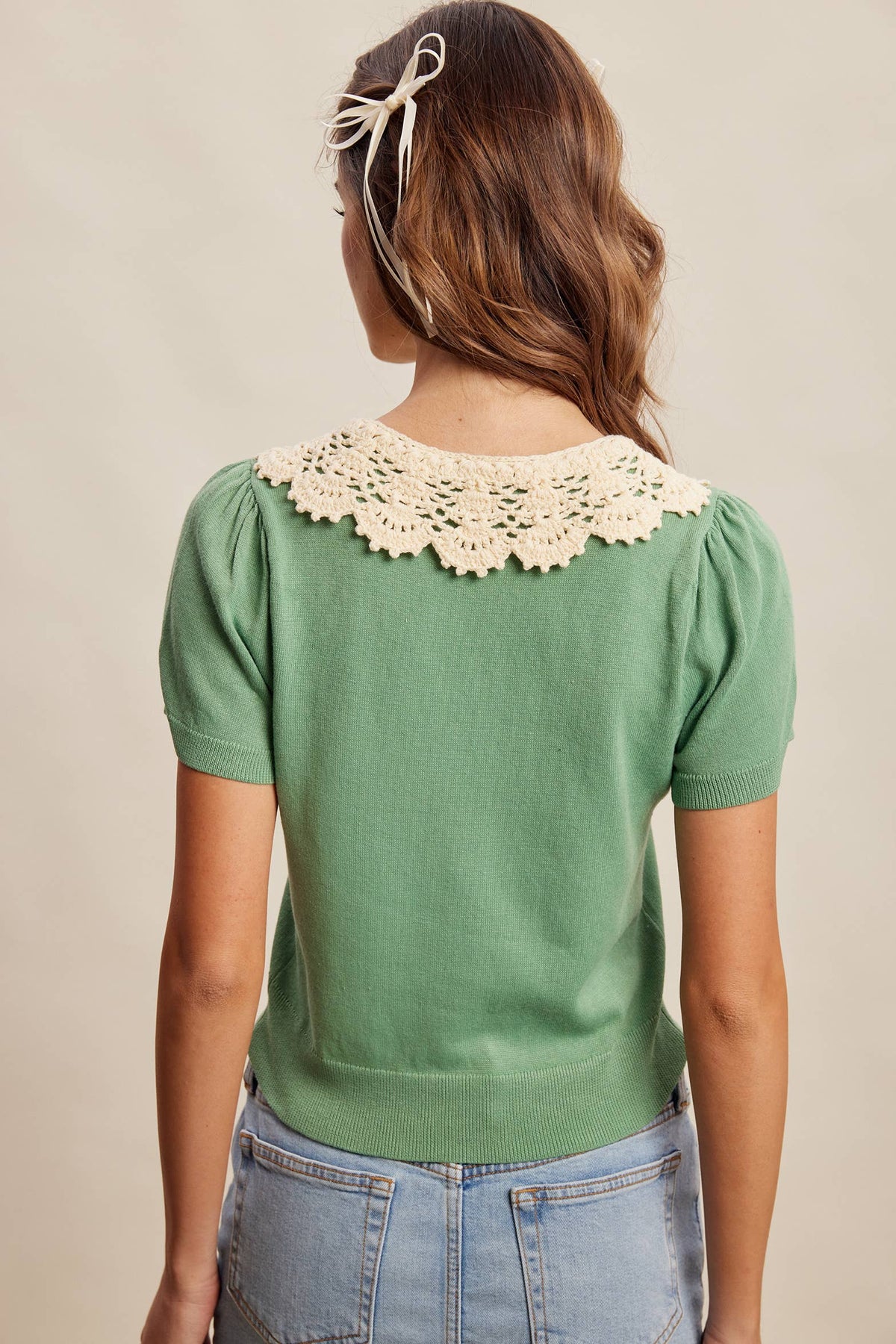 Crochet Collar Short Sleeve Knit Top LSW1048