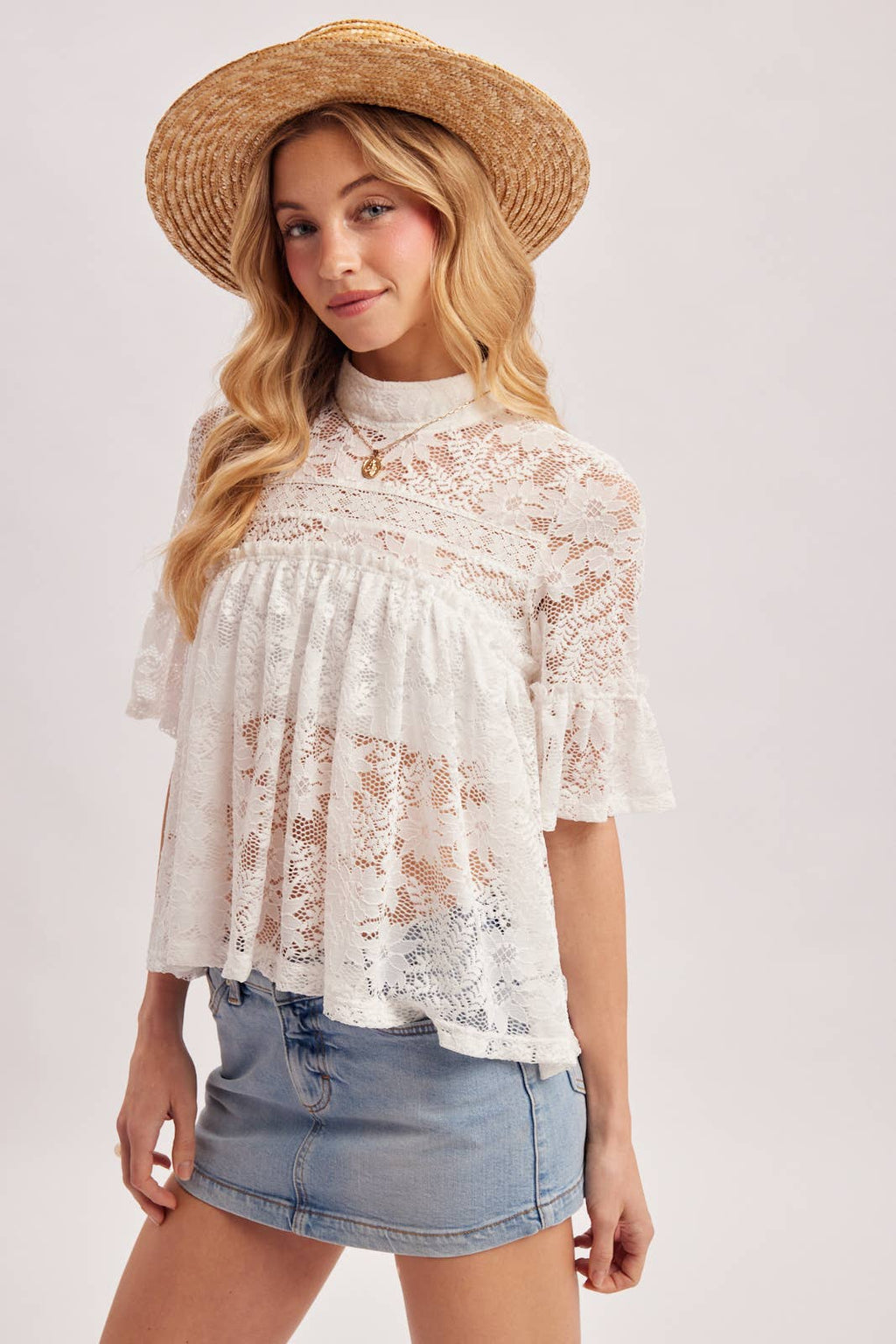 MOCK NECK BABY DOLL LACE TOP WITH NO LINING - EASTER DAY: Black / S