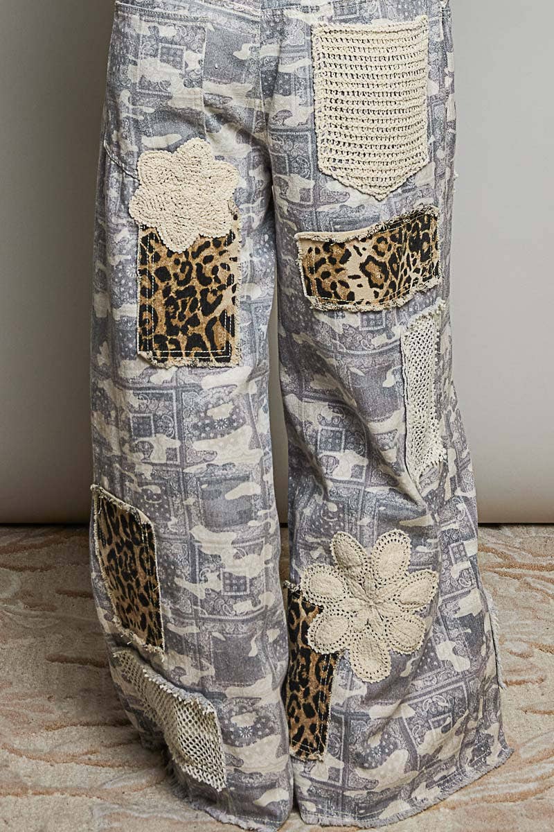 Crochet Contrast Patch Detail Chest Pocket Woven Overalls: ALMOND CAMO / L