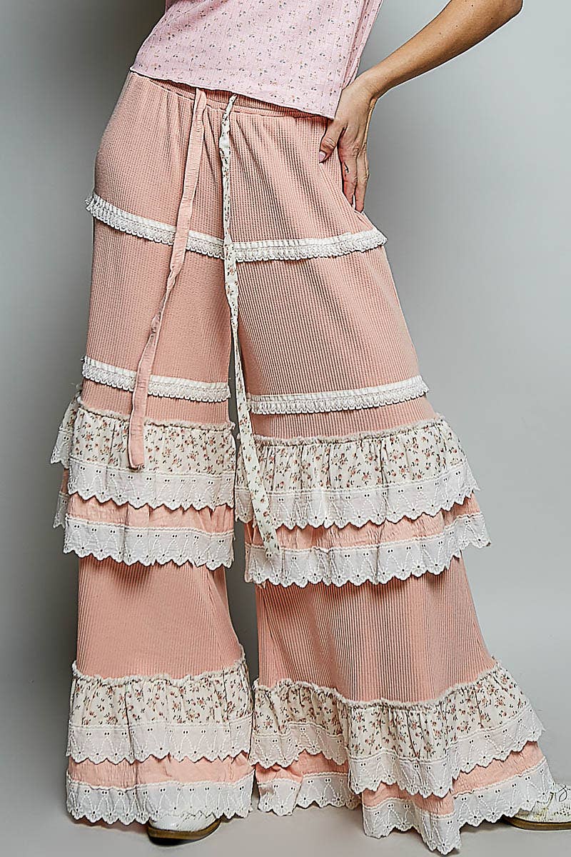 Floral Contrast Eyelet Ruffle Lace Trim Straight Knit Pants: BLUSH