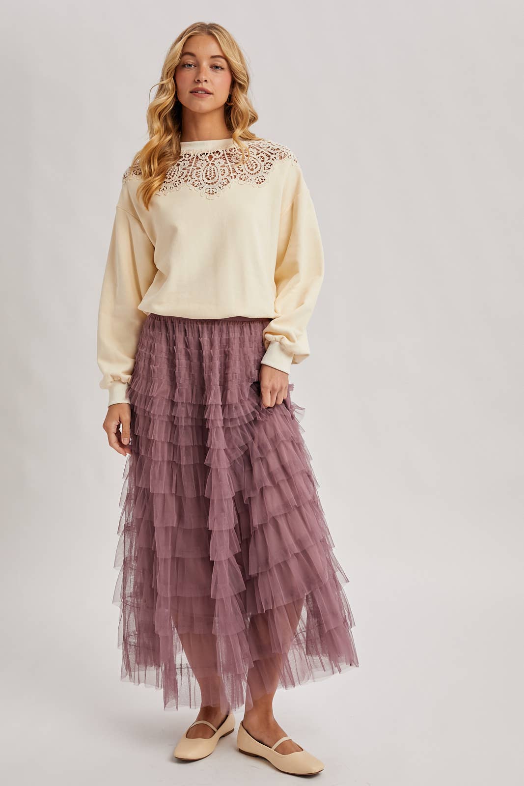 RUFFLED TULLE MIDI SKIRT: MAUVE / M