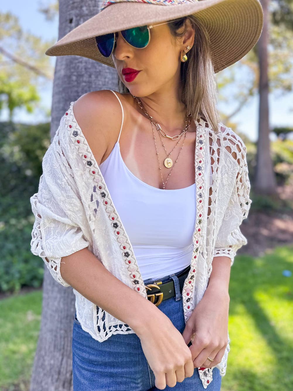 Boho Floral Embroidered Cotton Dolman Sleeve Cardigan: Ivory / One Size