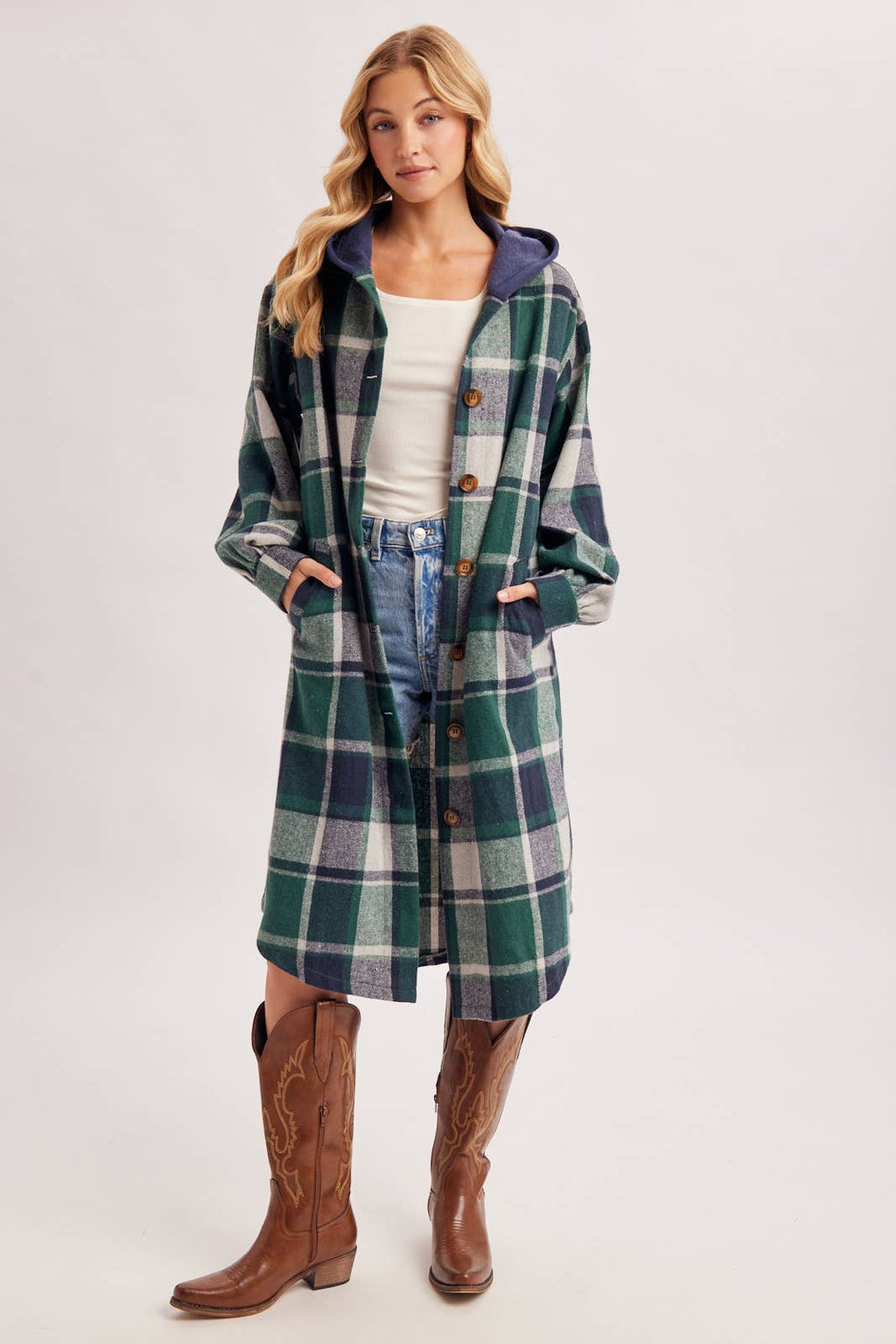 LONGLINE PLAID HOODED JACKET