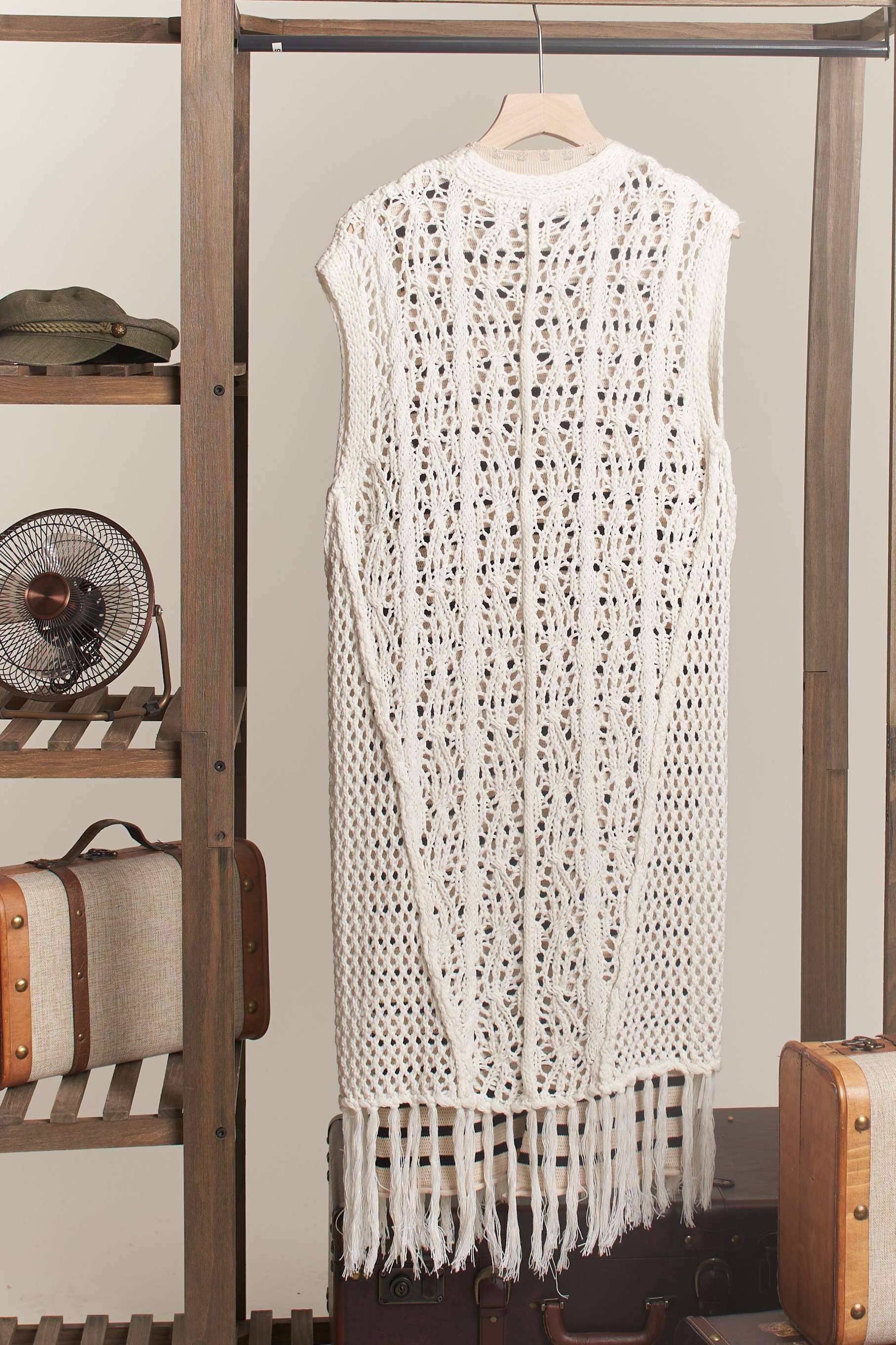 Sleeveless Crochet Long Cardigan with Fringe: Ivory / L