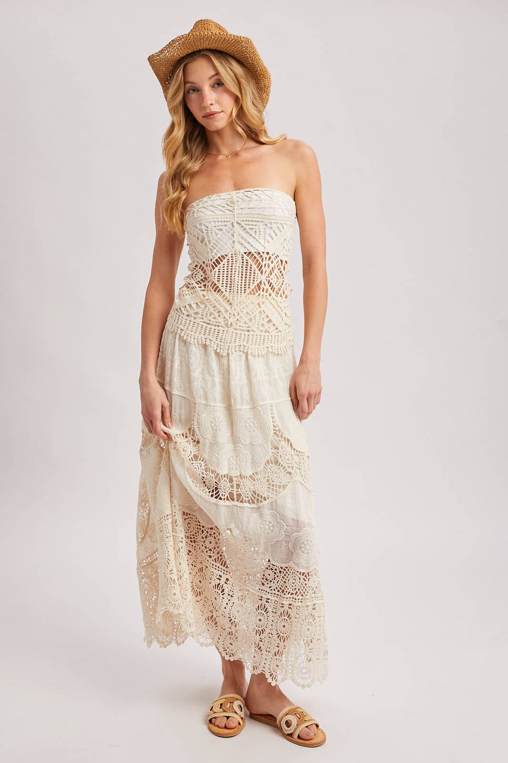 BOHO SHEER LACE MAXI SKIRT WITH LINING: NATURAL / S
