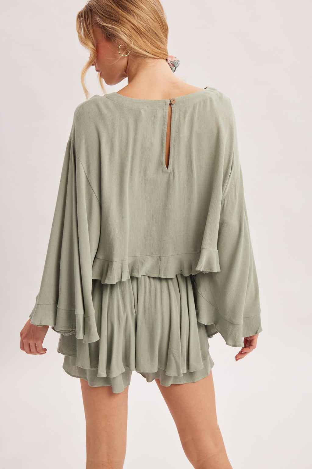 BILLOWY CROPPED OVERSIZED BELL SLEEVE RUFFLE HEM TOP: BIRCH
