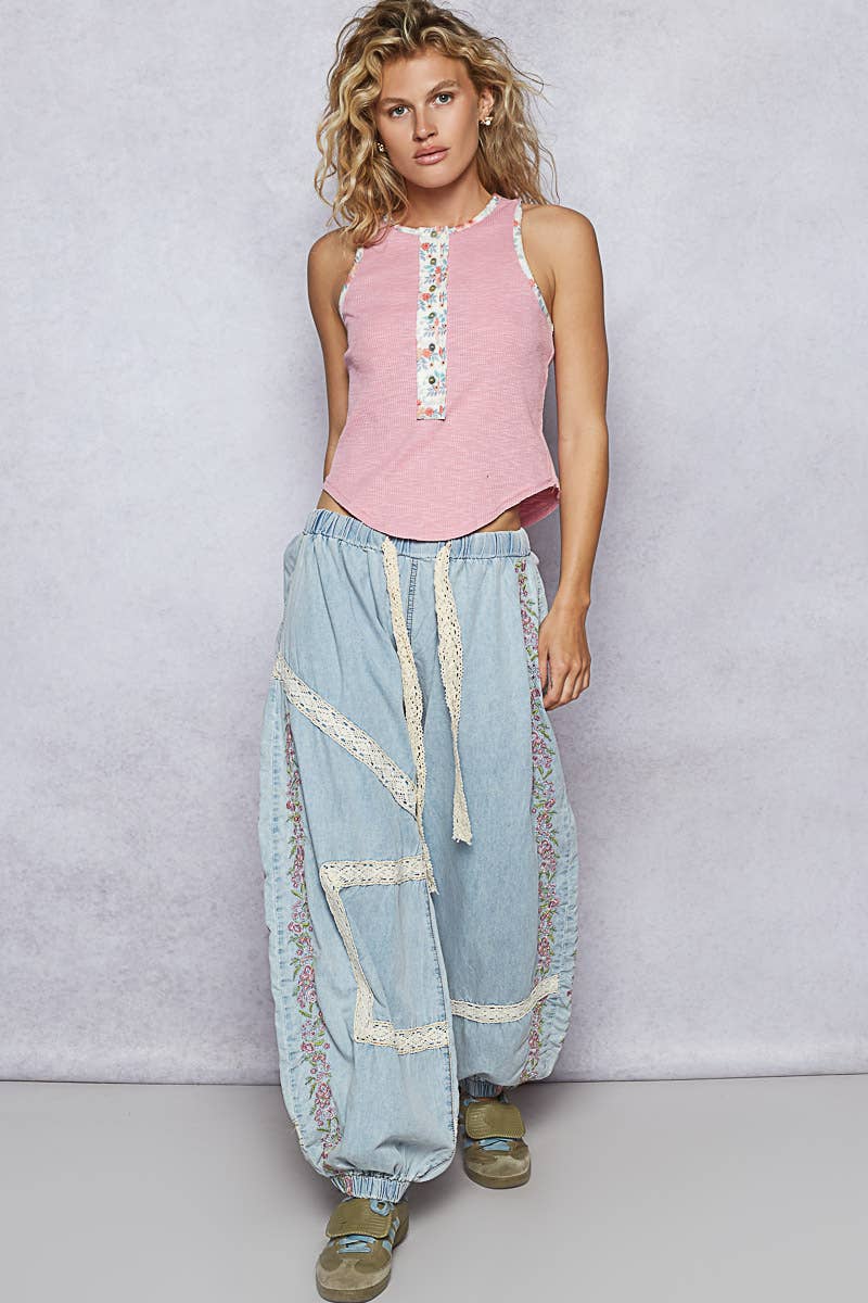 Vintage Washed Embroidery Trim Point Jogger Pants: NAVY CHARCOAL / L