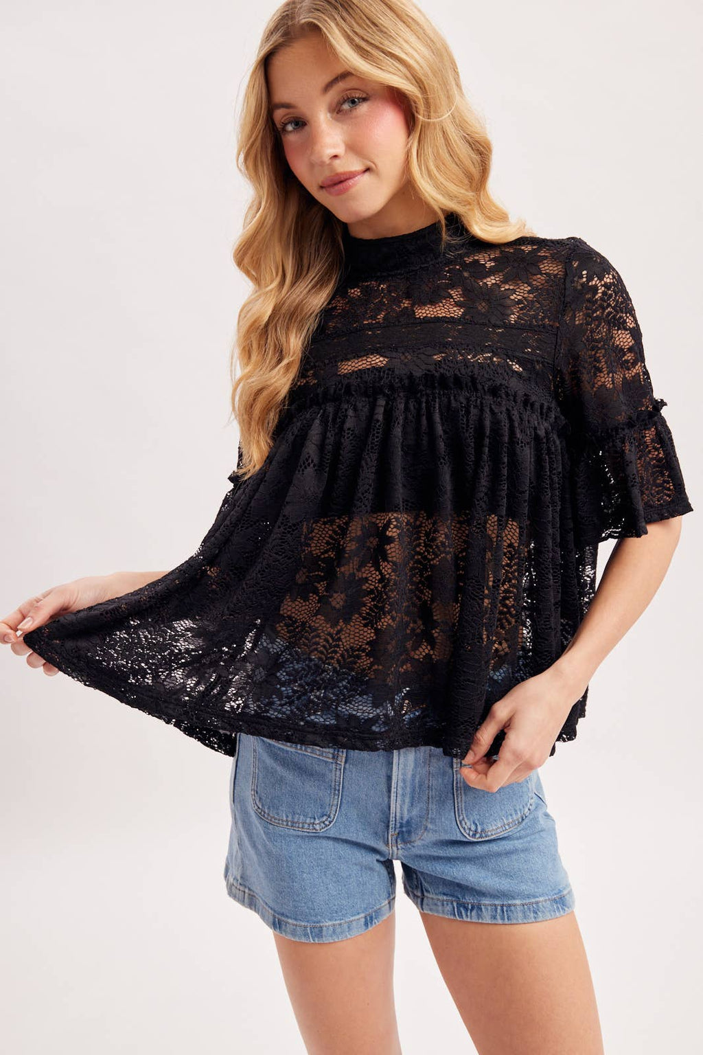 MOCK NECK BABY DOLL LACE TOP WITH NO LINING - EASTER DAY: IVORY / S